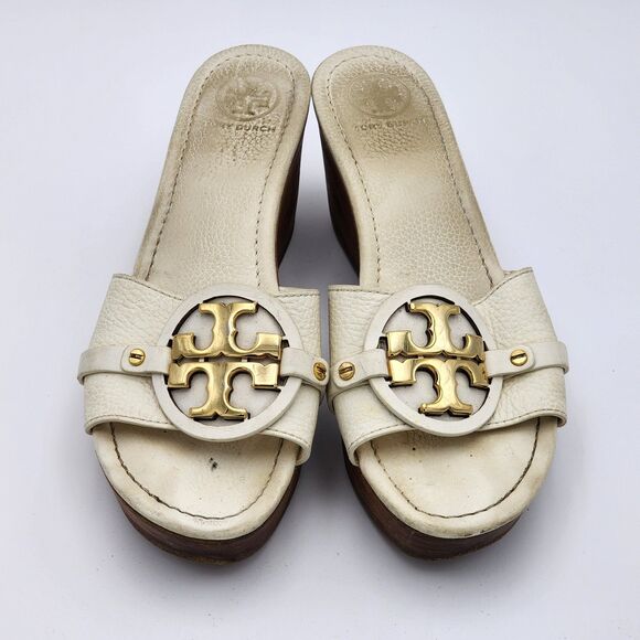Tory Burch Selma White Leather Wedge Slides Sandals Size 10 - Picture 2 of 12